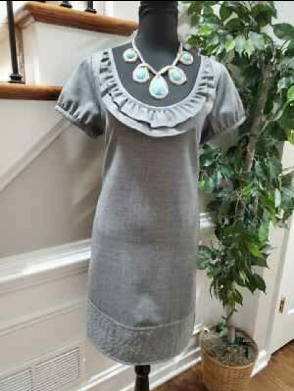Grey Ruffle Collar Knit Dress